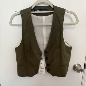 Zara Khaki Green Linen Vest